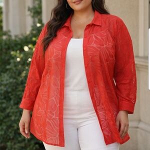 Plus Size 24W Red Sheer Burnout Floral Blouse | Lightweight Layering Top